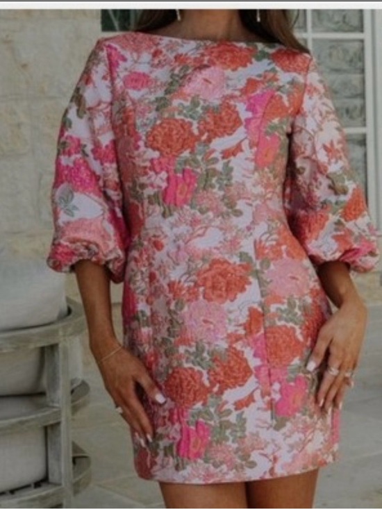 Ina Dresses & Skirts - Ina Floral Jacquard Puff-Sleeve Mini Dress - Pink/Coral